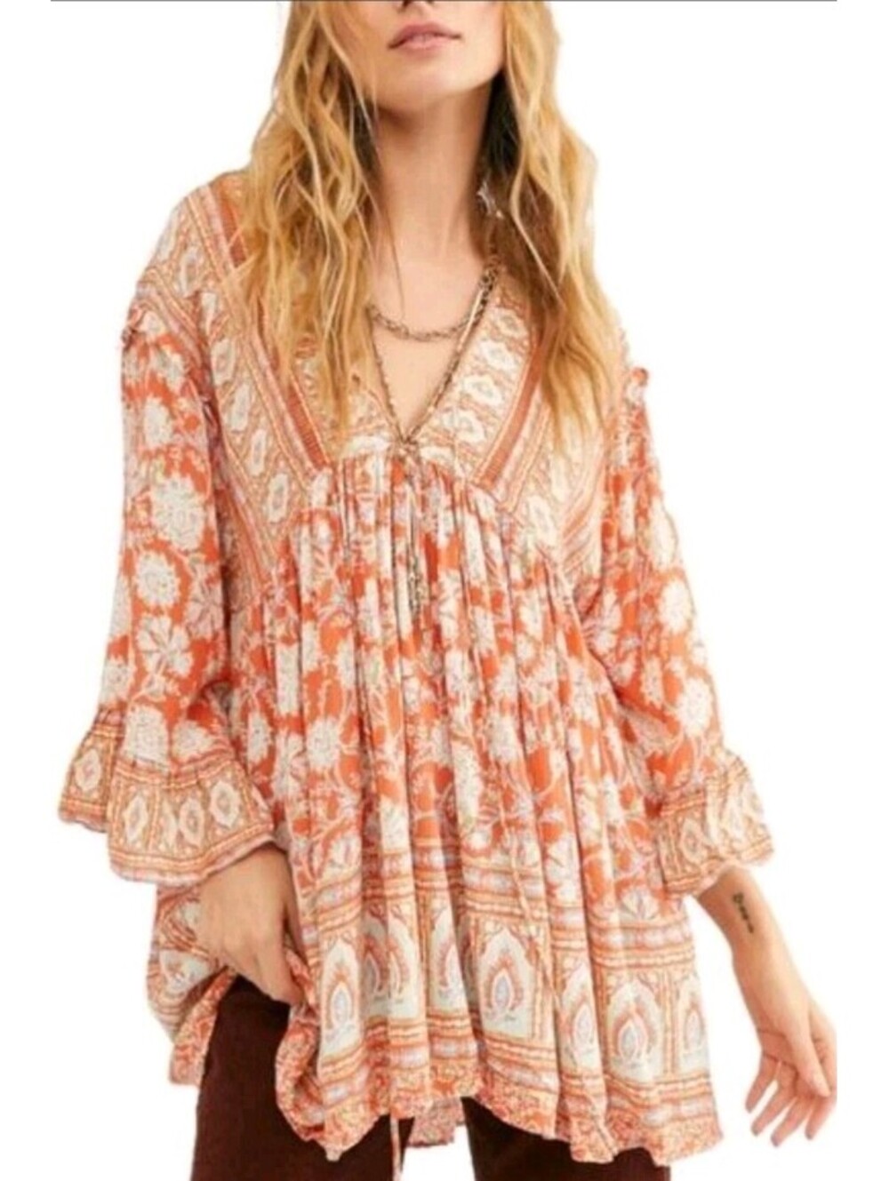 Free People Moonlight Dance Red Orange Boho Ruffle Sleeve Printed Tunic Medium M